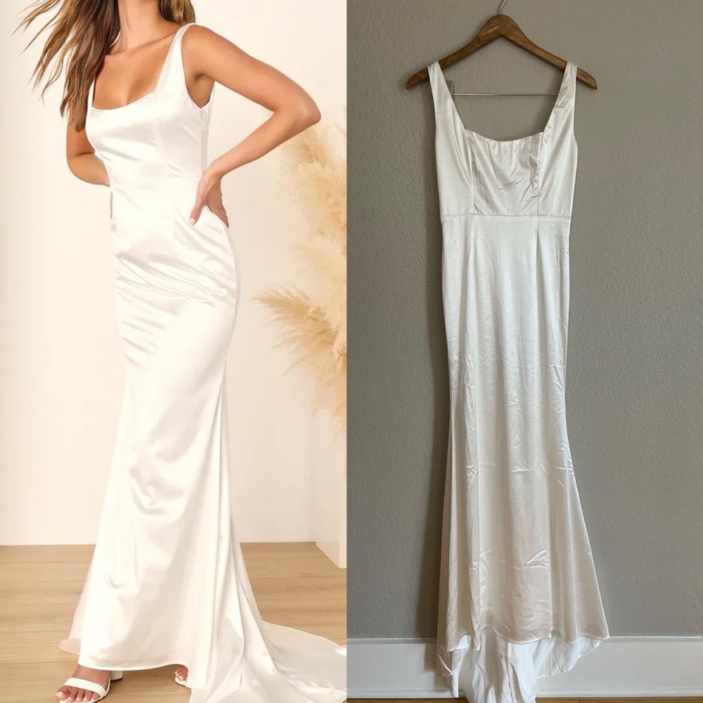 Sensational Promise White Satin Square Neck Mermaid Maxi Dress